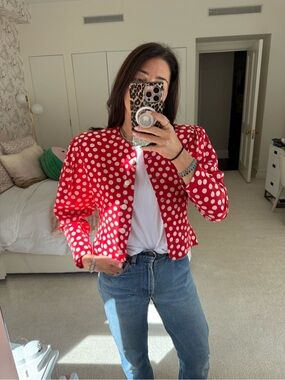 Albert Nipon Polka Dot Cropped Jacket - Red & White